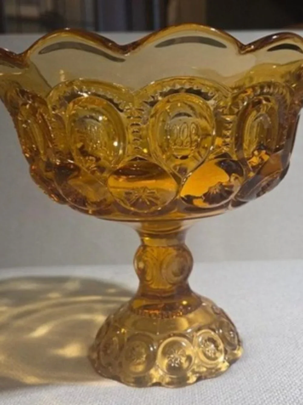 Vintage LE Smith Amber Glass Moon and Stars Flared Pedestal Compote Bowl 7.5